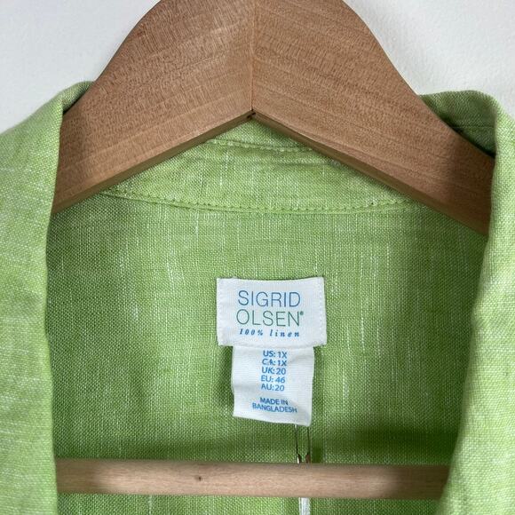 NWT Sigrid Olsen 100% Linen Button Front Collared Shirt Tunic Lime Green Size 1X - Picture 3 of 9